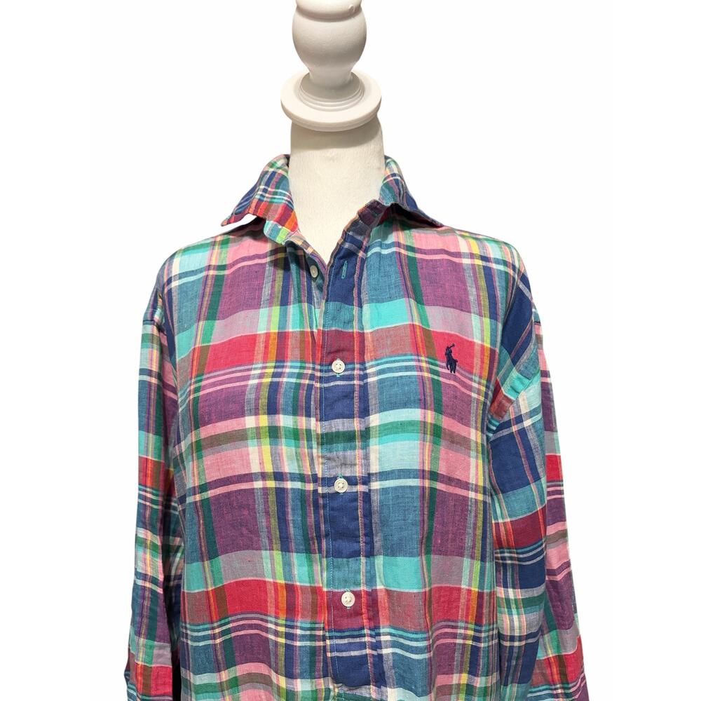 Polo Ralph Lauren Plaid Linen Shirt Dress Size 6 Multicolor Button Front - Picture 3 of 7